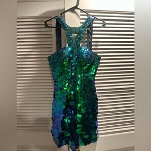 Sherri Hill Iridescent Green and Blue Sequin Dress
